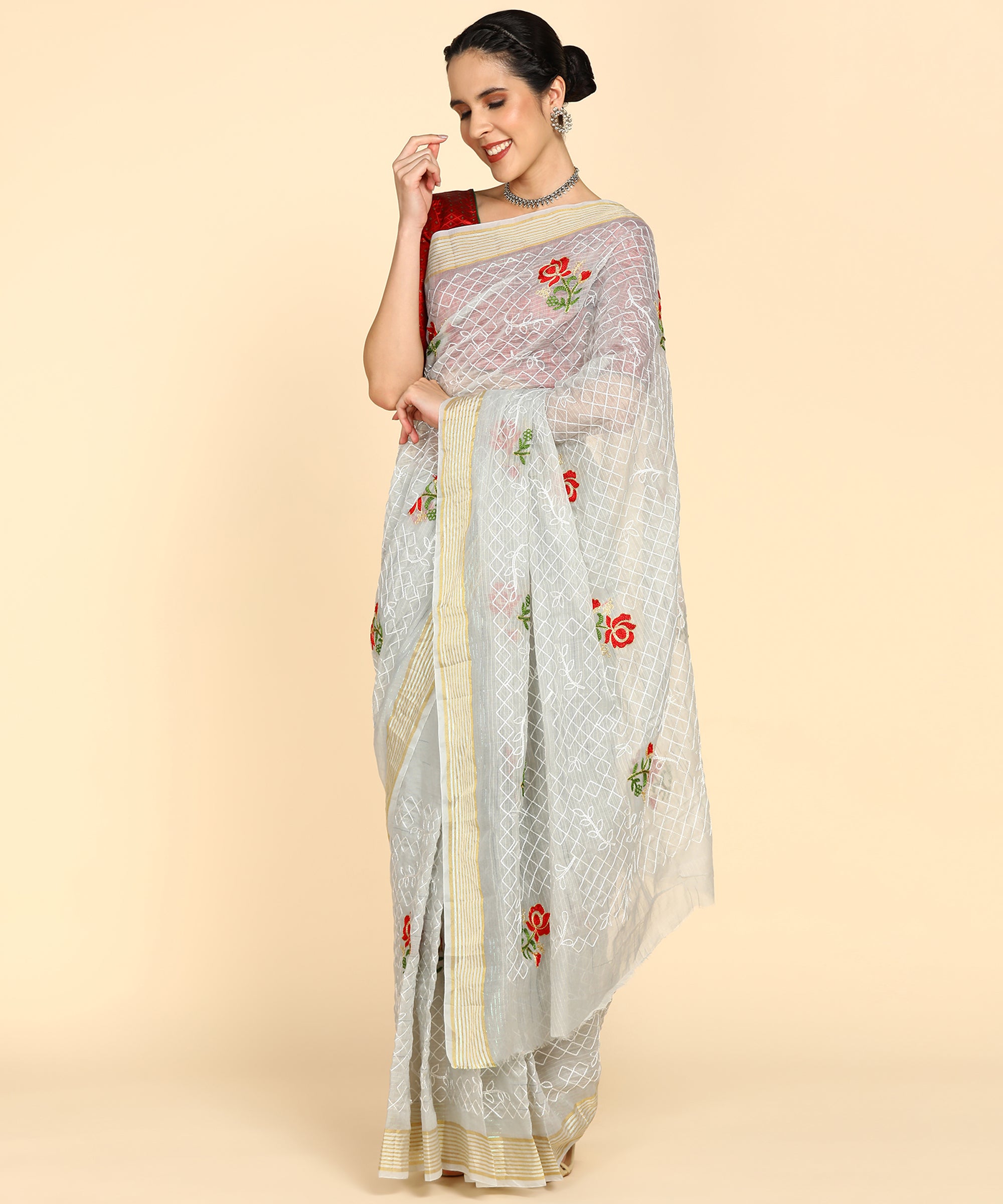 Grey Chanderi Cotton Embroidered Work Saree With Jacquard Blouse Piece