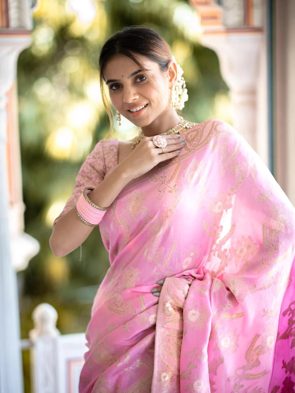 Onion Pink  Banarasi Silk Saree with  Embellishments and Intricate Festive Wear