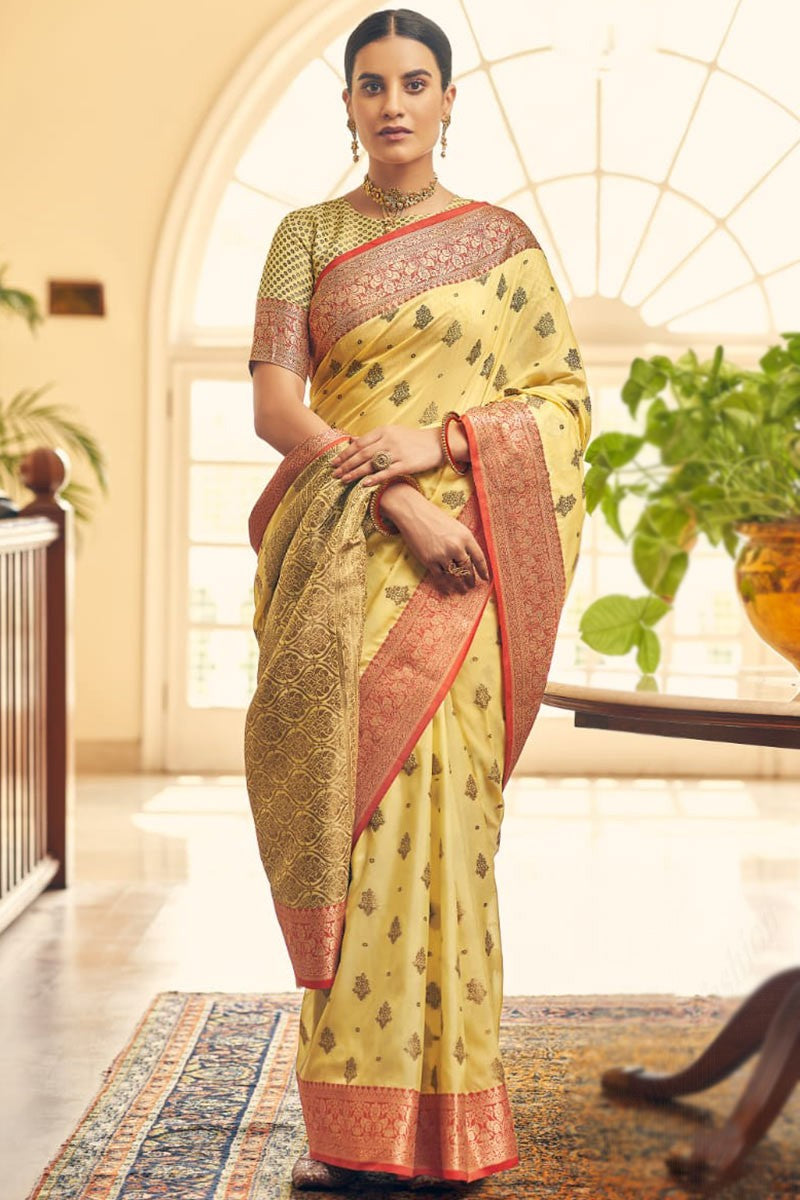 Luxuriant yellow Zari Work Soft Banarasi Silk Saree With Beautiful Blouse Piece