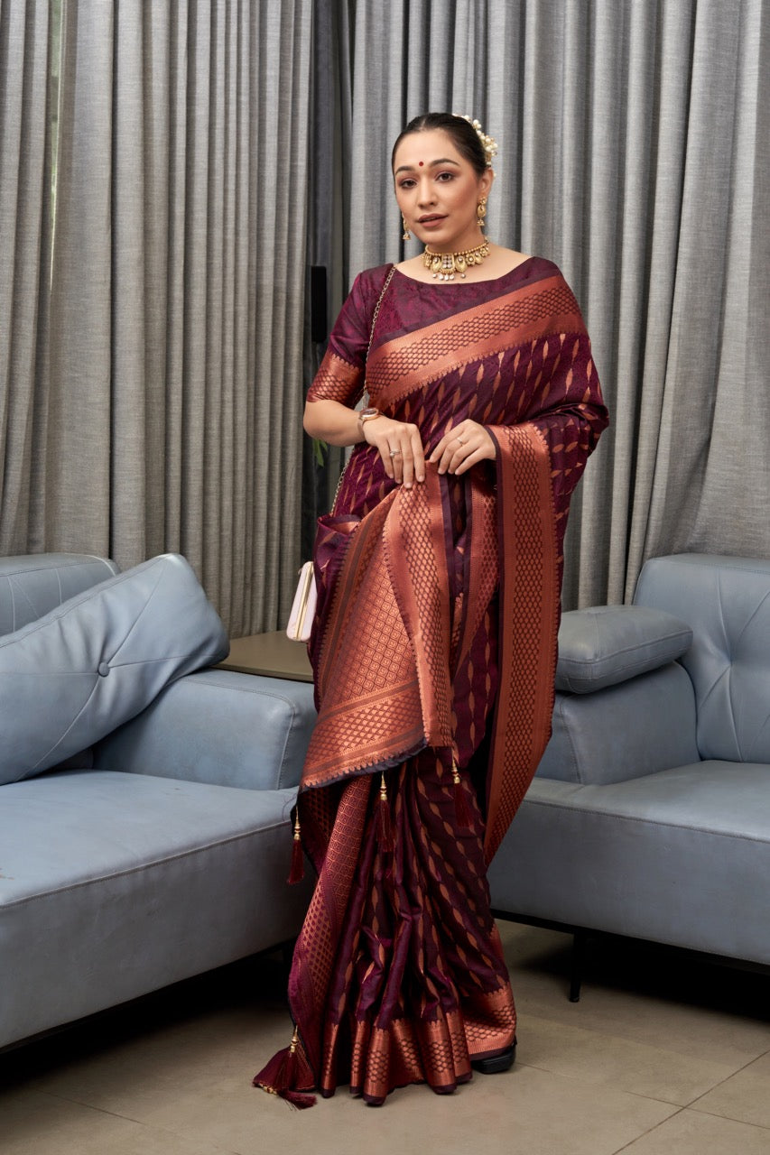 Wine Soft Silk Saree With Dazzling Blouse Piece