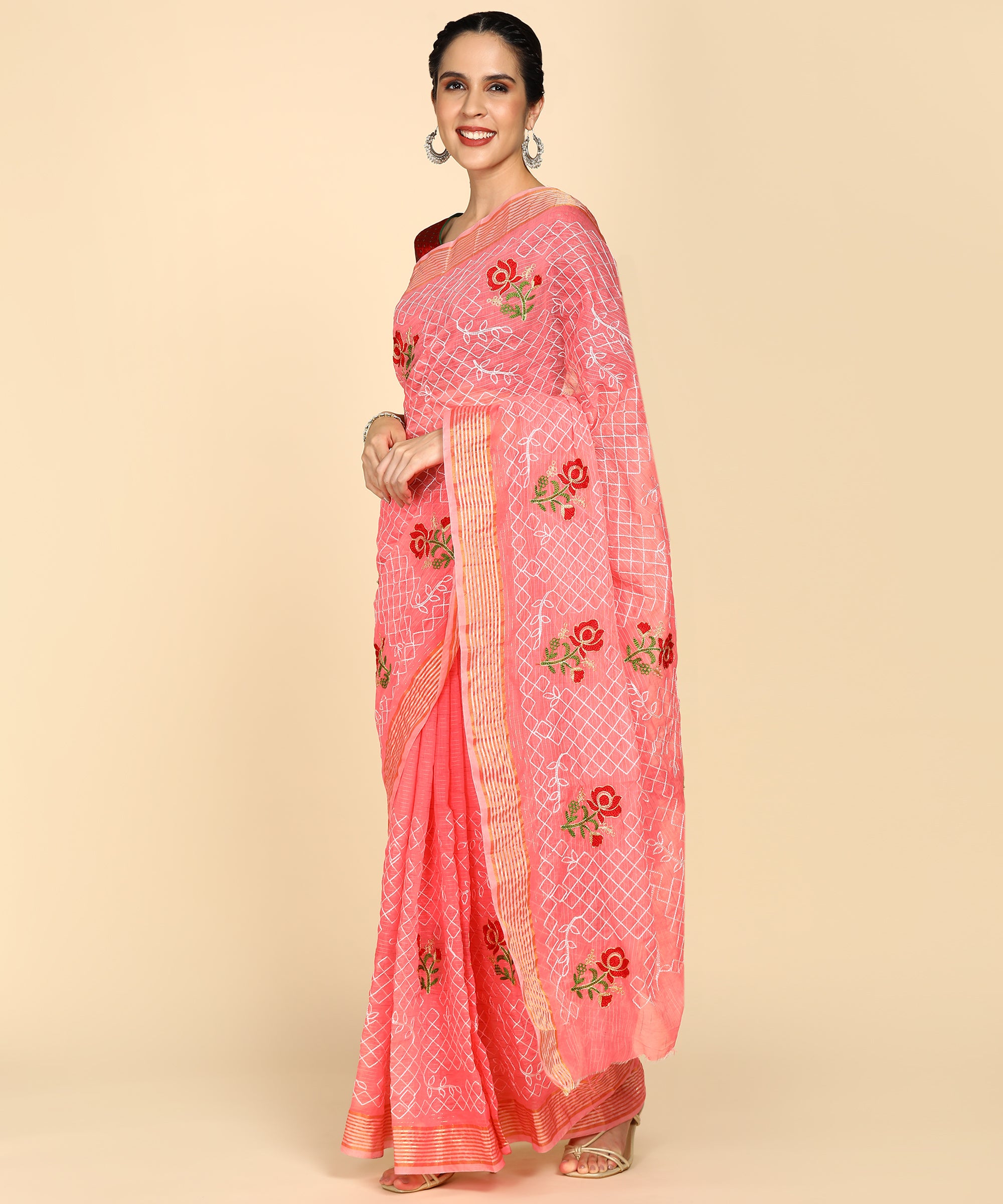 Peach Chanderi Cotton Embroidered Work Saree With Jacquard Blouse Piece