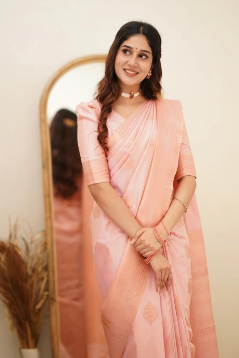 Baby Pink Soft Silk Saree With Pleasant Blouse Piece