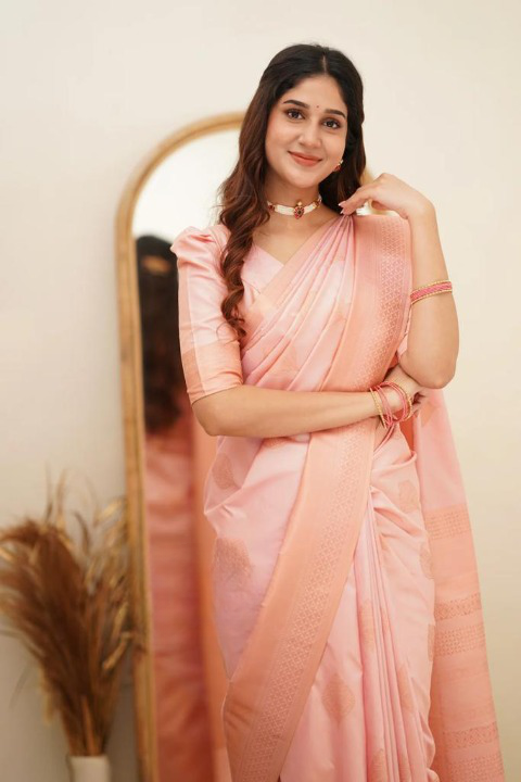 Baby Pink Soft Silk Saree With Pleasant Blouse Piece