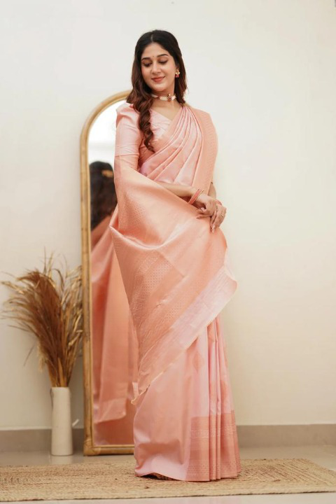 Baby Pink Soft Silk Saree With Pleasant Blouse Piece