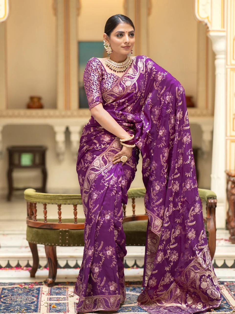 Purple Banarasi Silk Saree with  Embellishments and Intricate Festive Wear