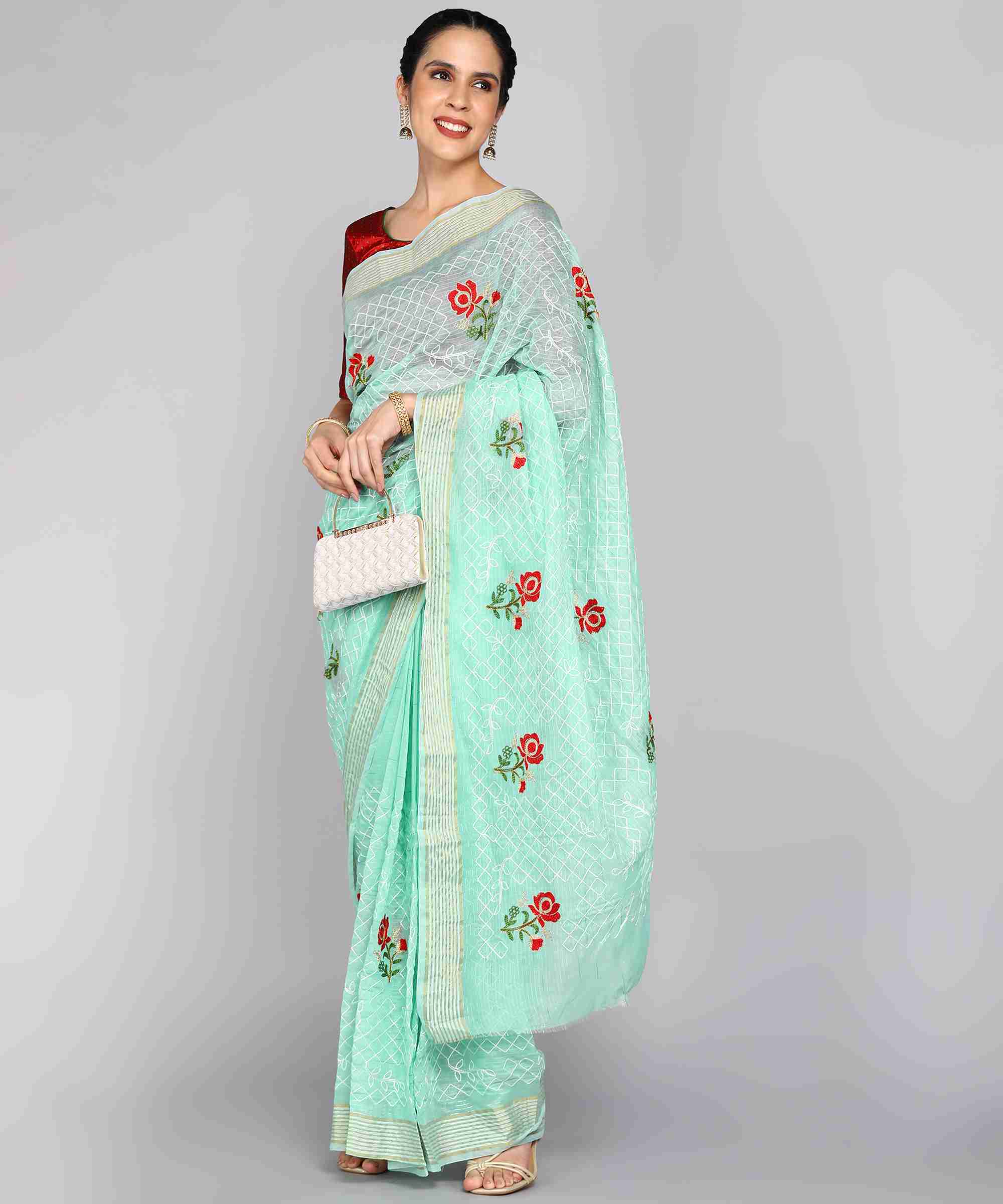 Light Blue Chanderi Silk Embroidered Work Saree With Jacquard Blouse Piece