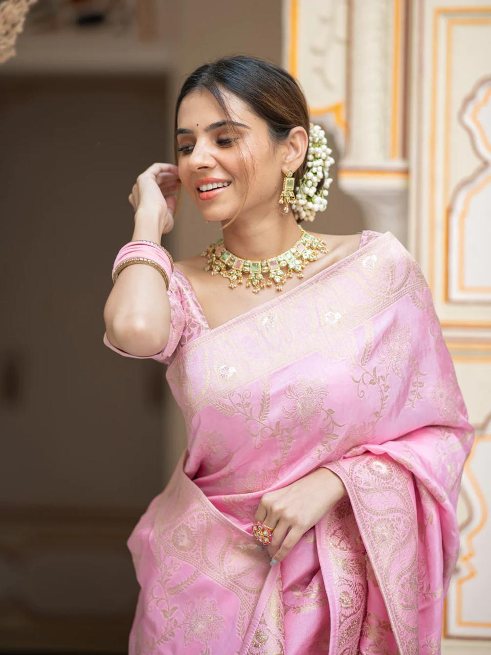 Onion Pink  Banarasi Silk Saree with  Embellishments and Intricate Festive Wear