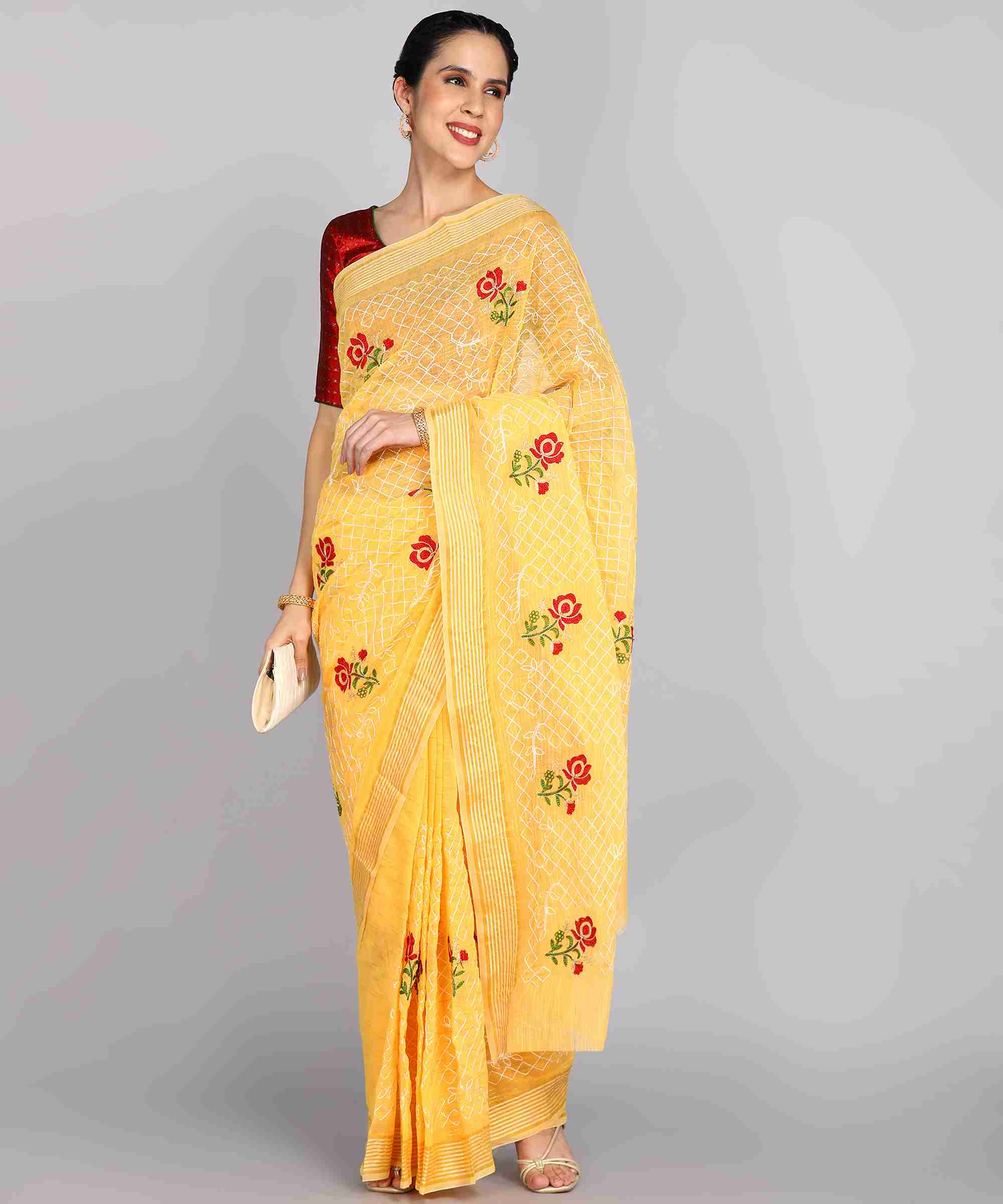 Yellow Chanderi  Embroidered Work Saree With Jacquard Blouse Piece