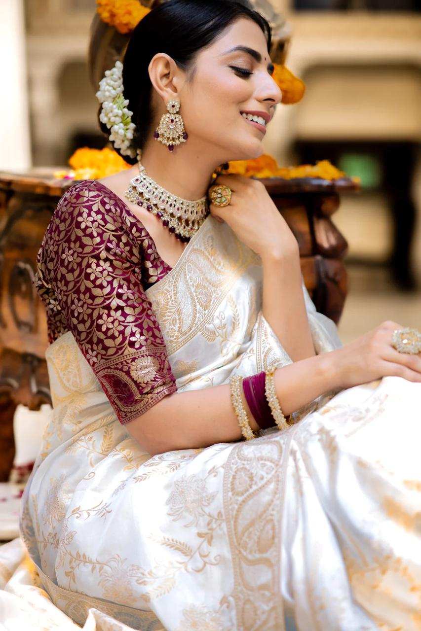 White Banarasi Silk Saree with  Embellishments and Intricate Festive Wear