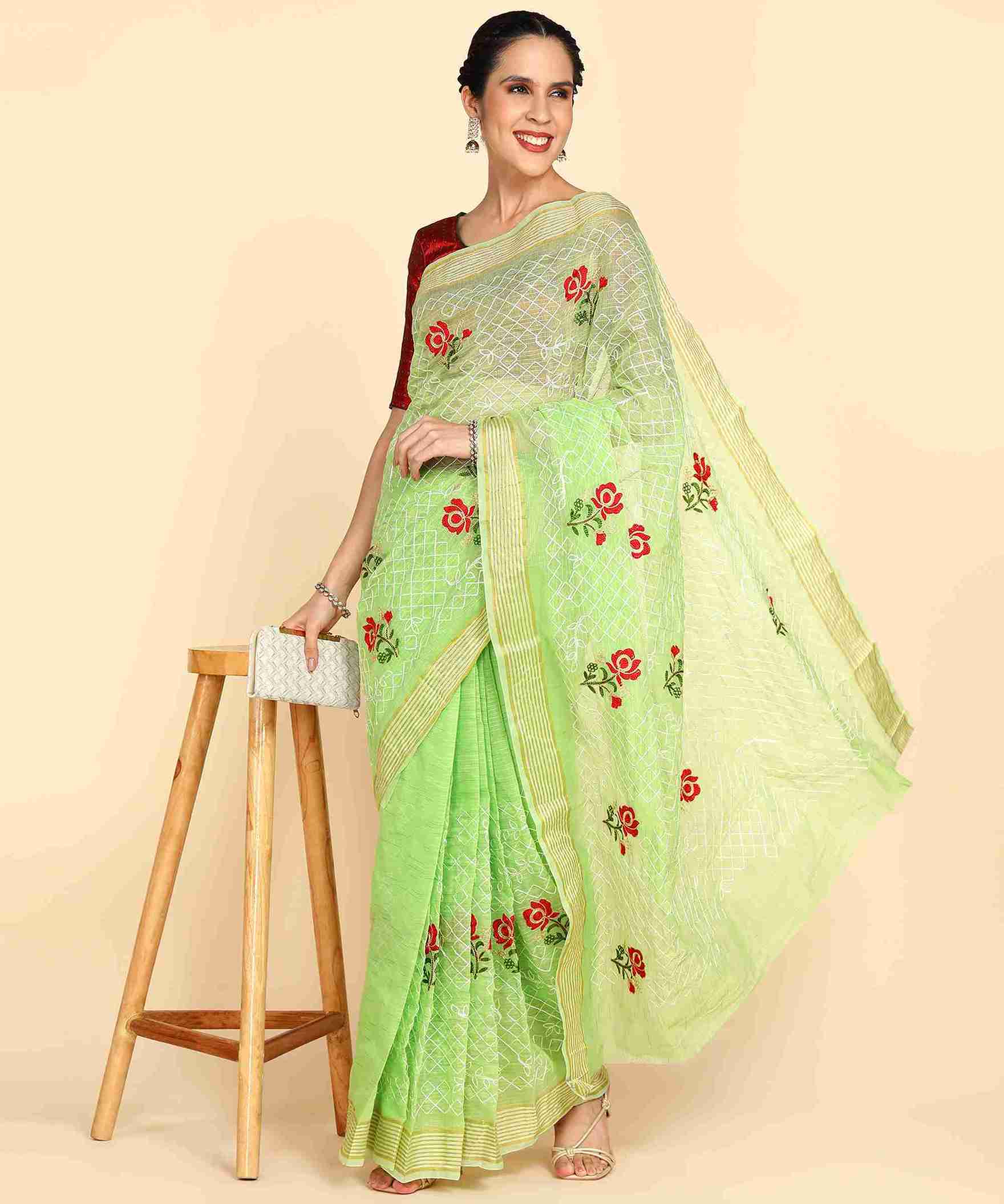 light pista green Chanderi Cotton Embroidered Work Saree With Jacquard Blouse Piece