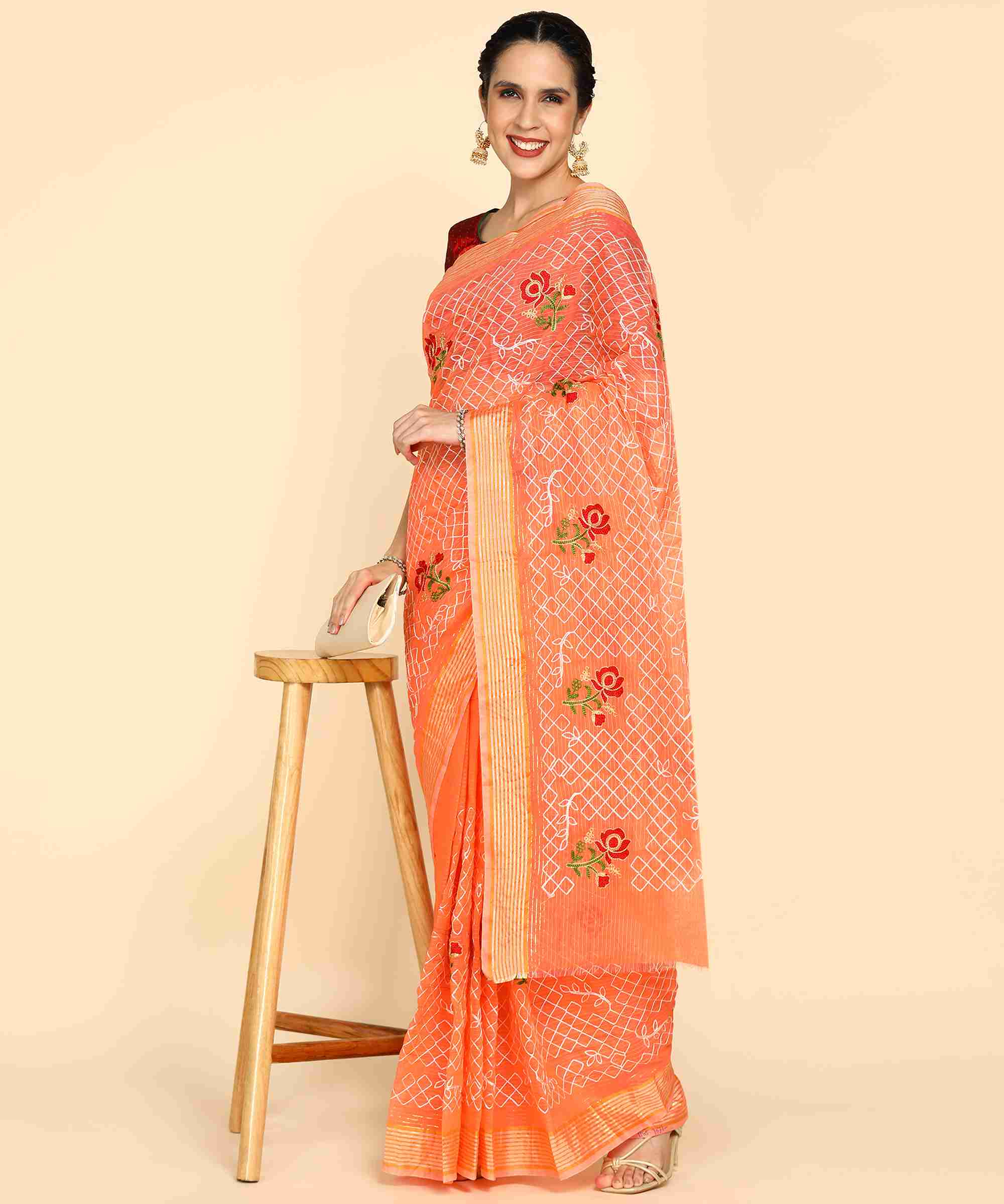 Orange Chanderi Cotton Embroidered Work Saree With Jacquard Blouse Piece