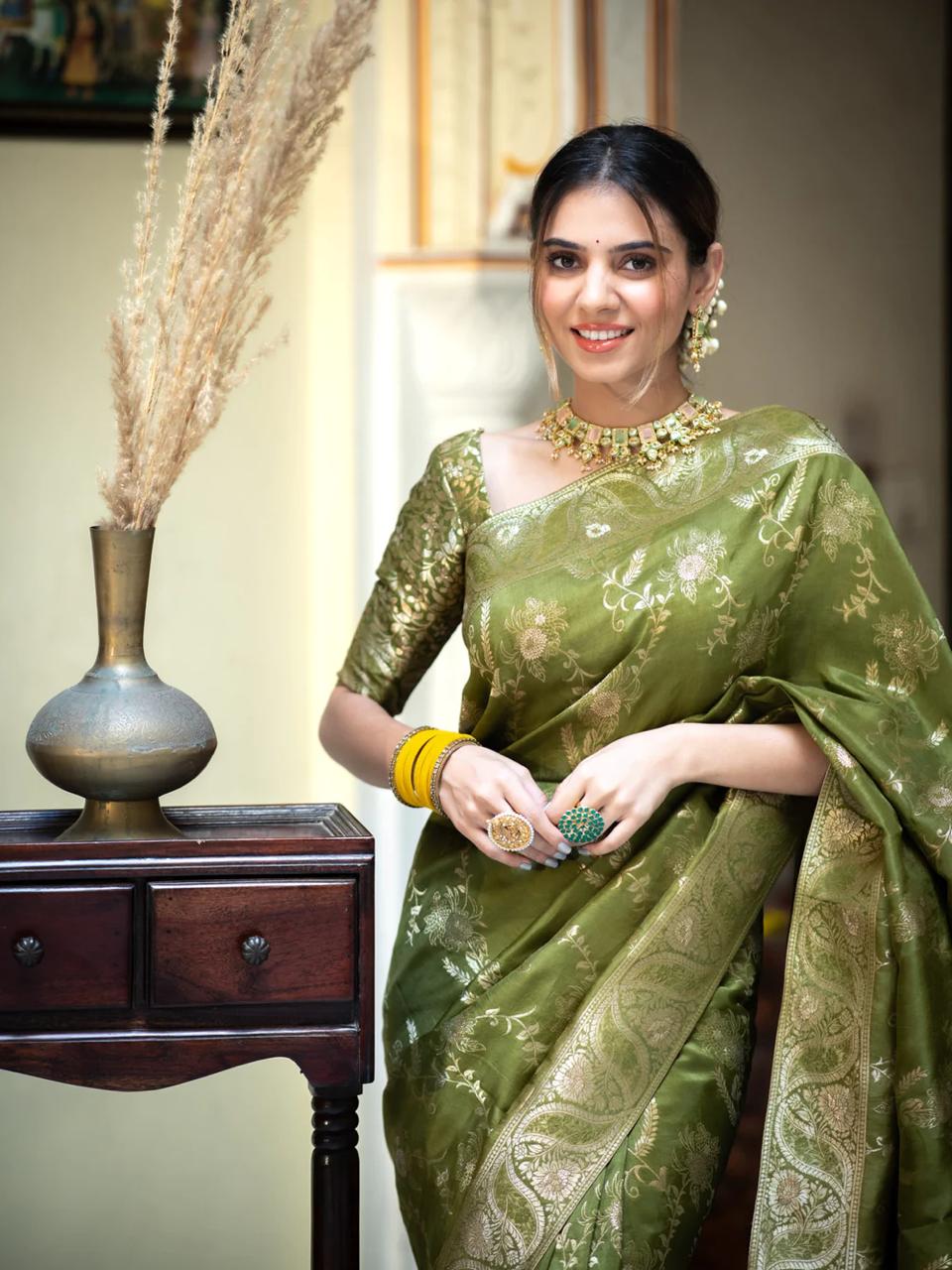 Dark Mehndi  Banarasi Silk Saree with  Embellishments and Intricate Festive Wear