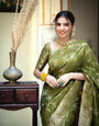 Dark Mehndi  Banarasi Silk Saree with  Embellishments and Intricate Festive Wear