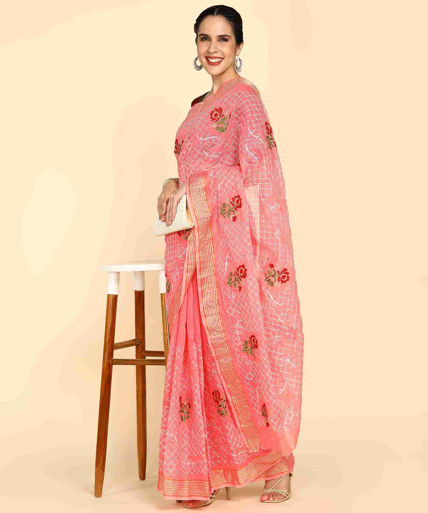 Peach Chanderi Cotton Embroidered Work Saree With Jacquard Blouse Piece