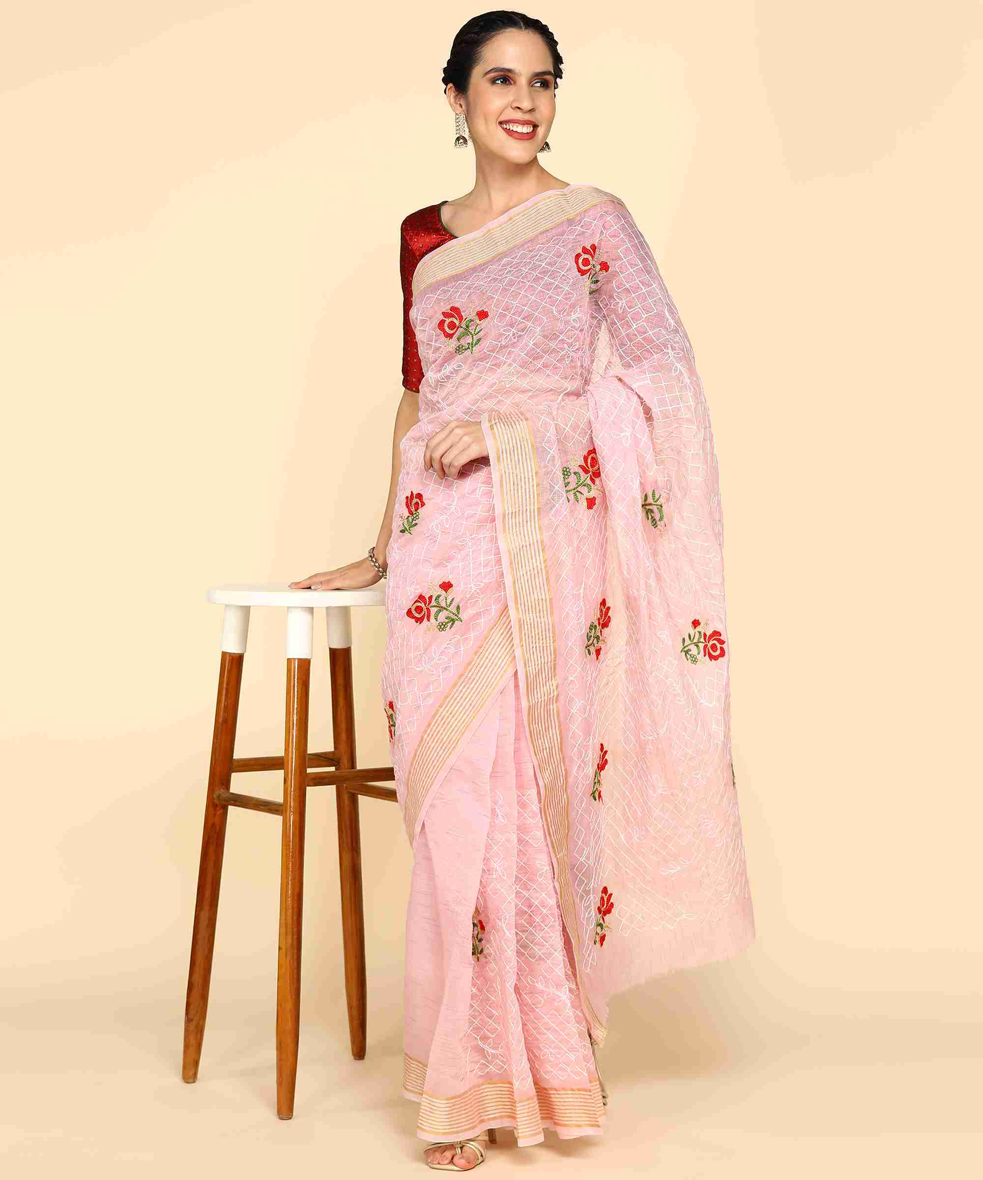 Light Pink Chanderi Cotton Embroidered Work Saree With Jacquard Blouse Piece