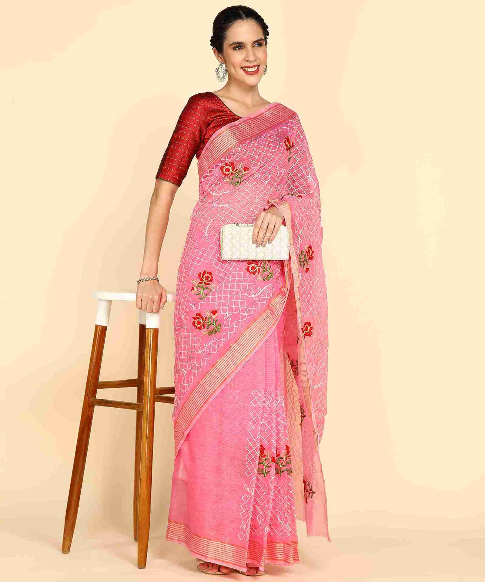 Pink Chanderi Cotton Embroidered Work Saree With Jacquard Blouse Piece