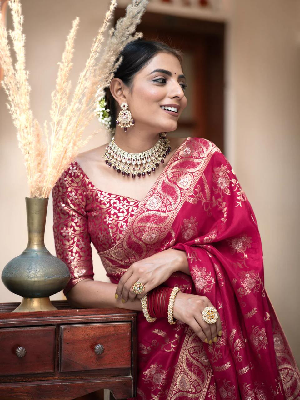 Pink Banarasi Silk Saree with  Embellishments and Intricate Festive Wear