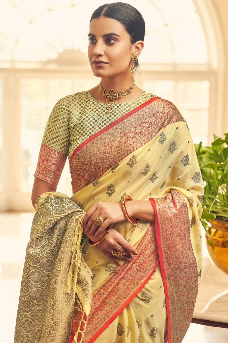 Luxuriant yellow Zari Work Soft Banarasi Silk Saree With Beautiful Blouse Piece