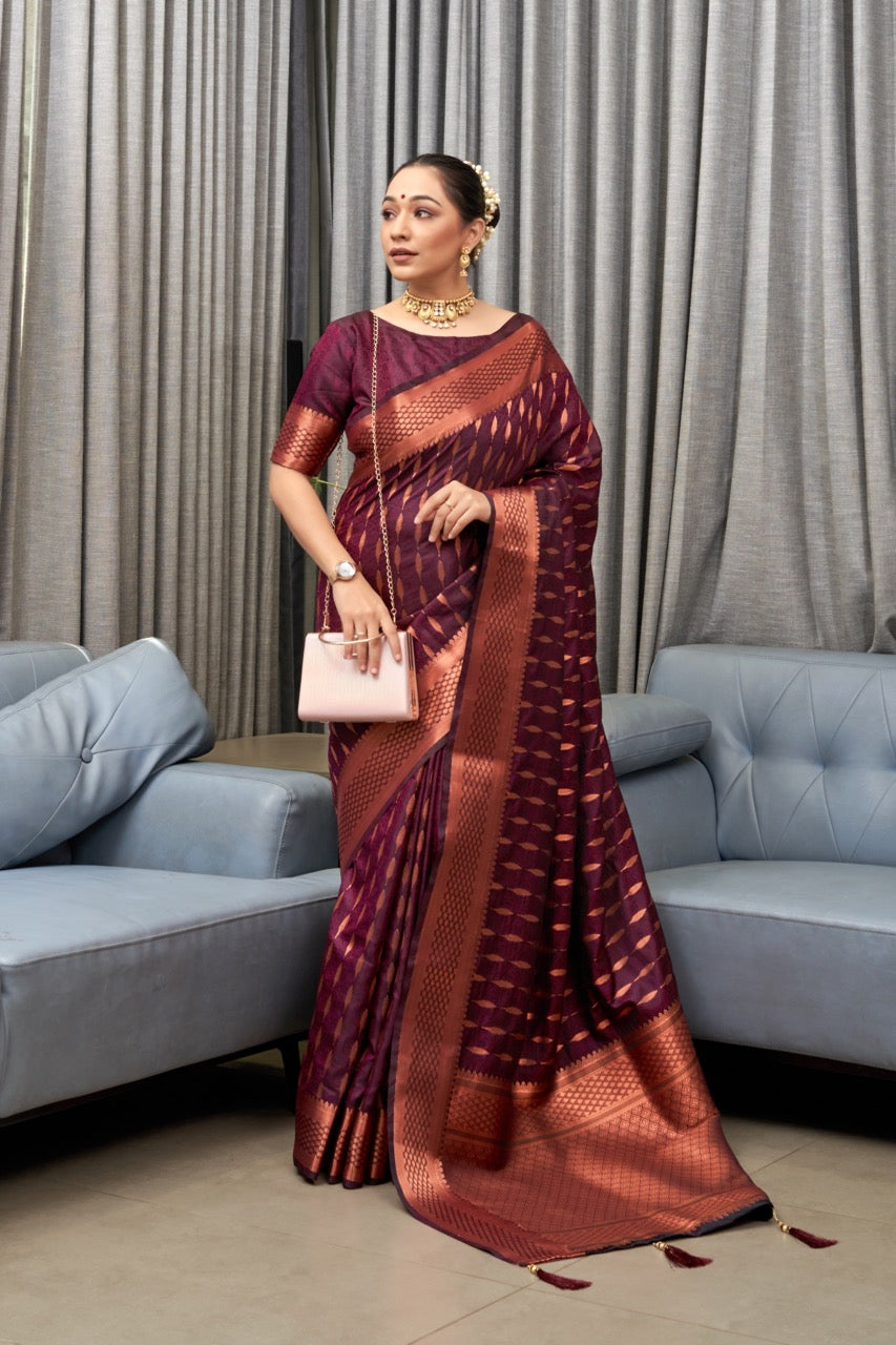 Wine Soft Silk Saree With Dazzling Blouse Piece