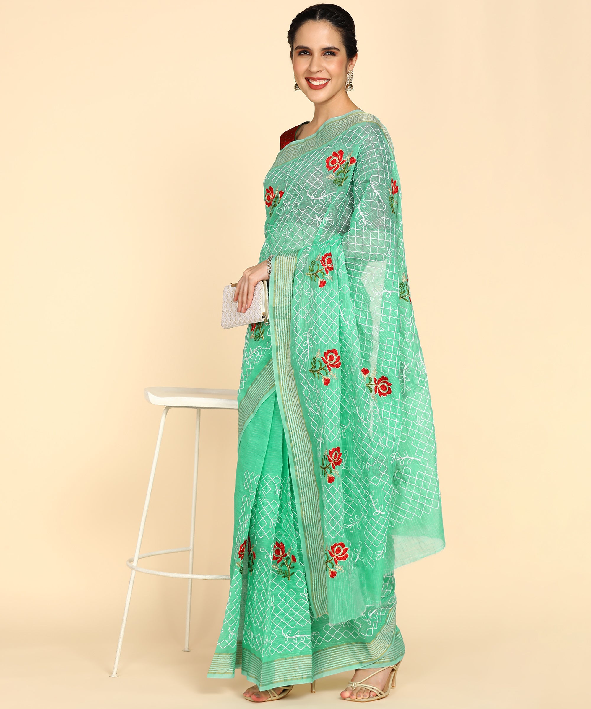 Light Green Chanderi Cotton Embroidered Work Saree With Jacquard Blouse Piece
