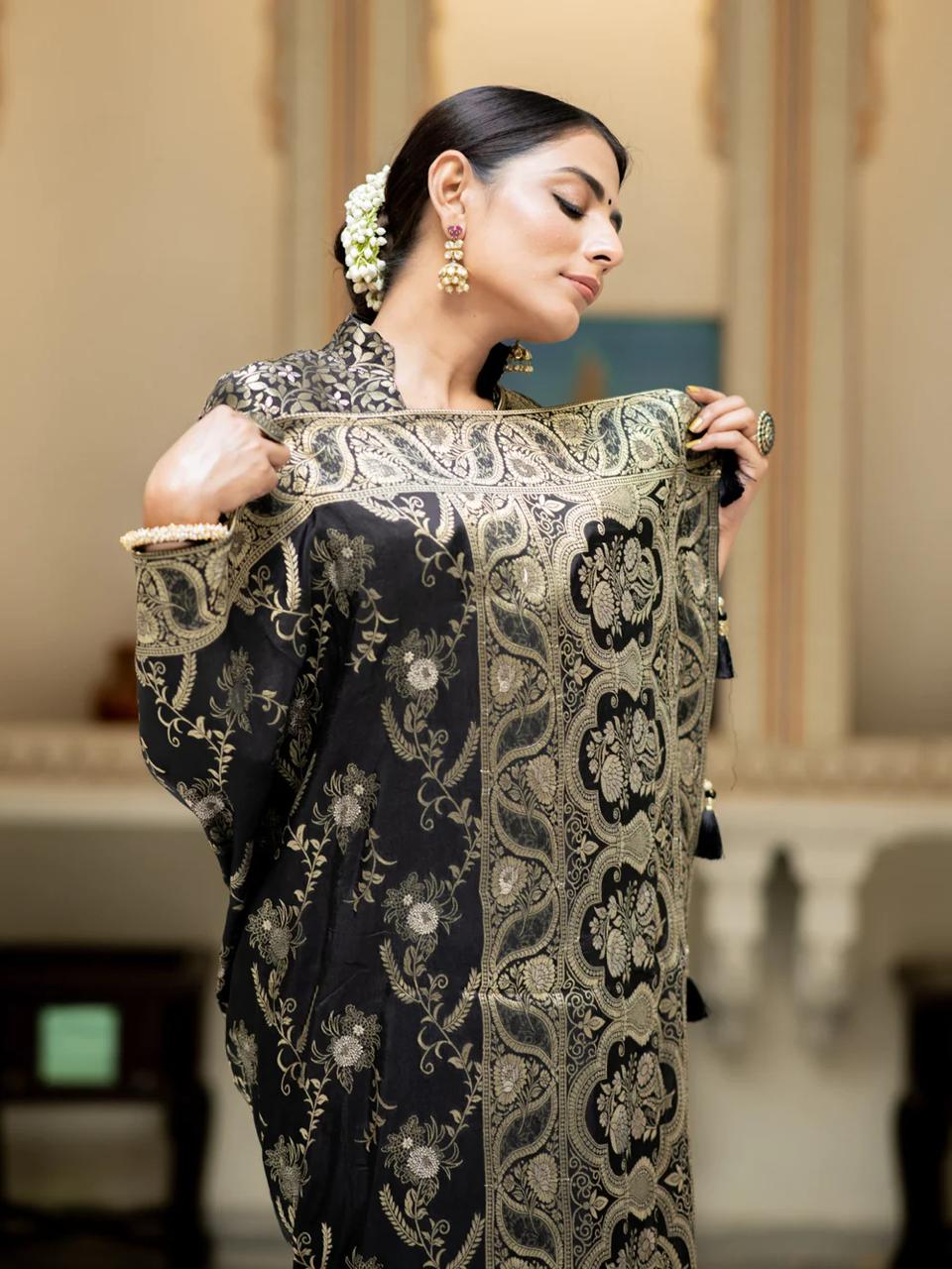 Black Banarasi Silk Saree with  Embellishments and Intricate Festive Wear