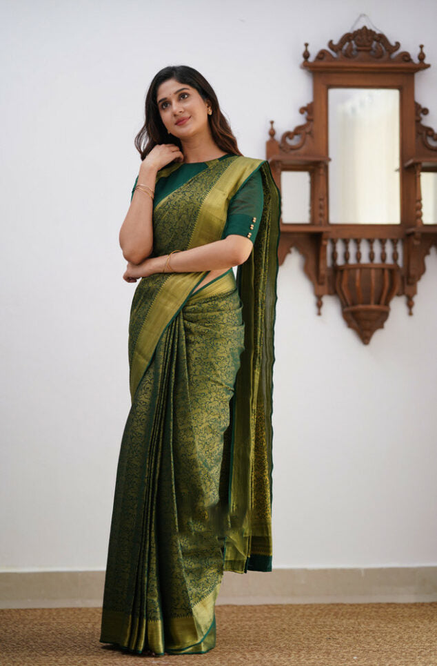 Dark Green Soft Silk Saree With Diaphanous Blouse Piece