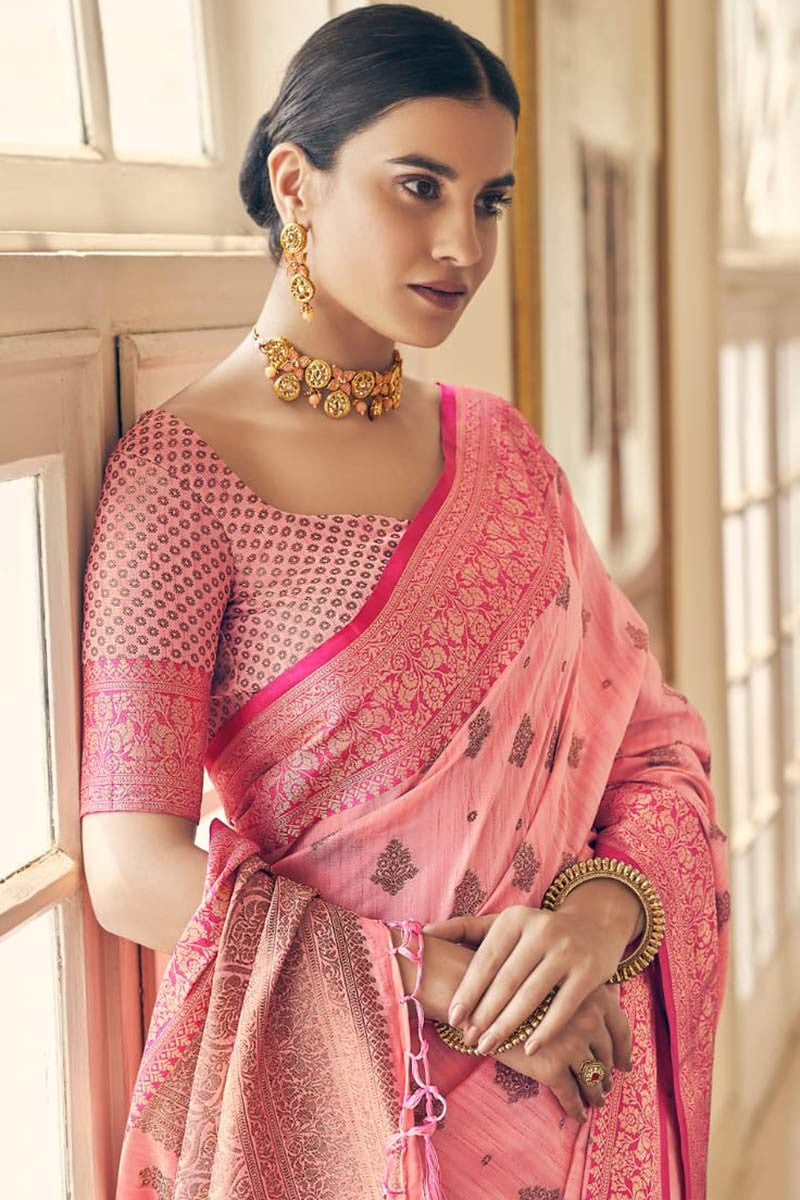 Luxuriant Pink Zari Work Soft Banarasi Silk Saree With Beautiful Blouse Piece