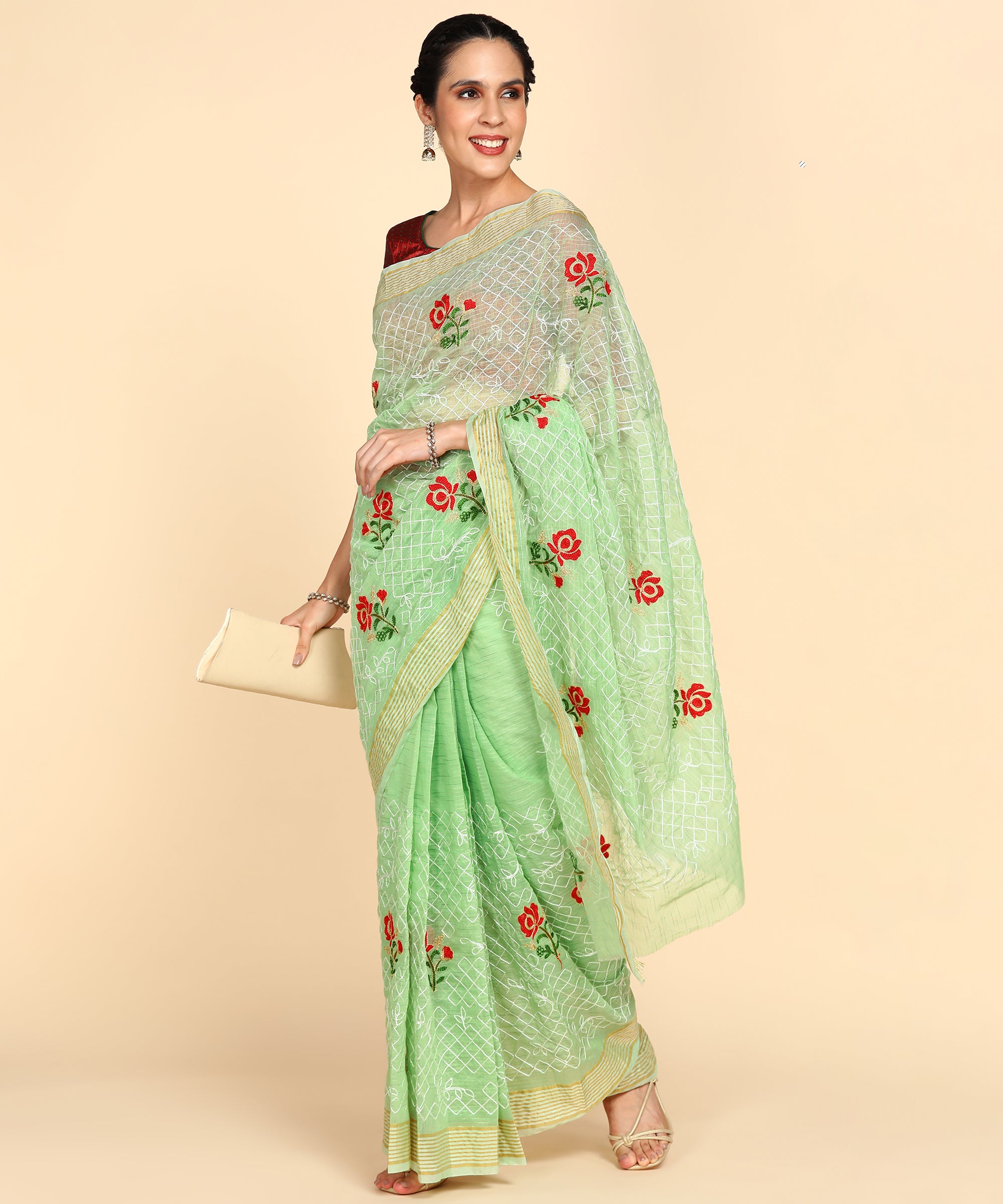 Dark Pista Green Chanderi Cotton Embroidered Work Saree With Jacquard Blouse Piece