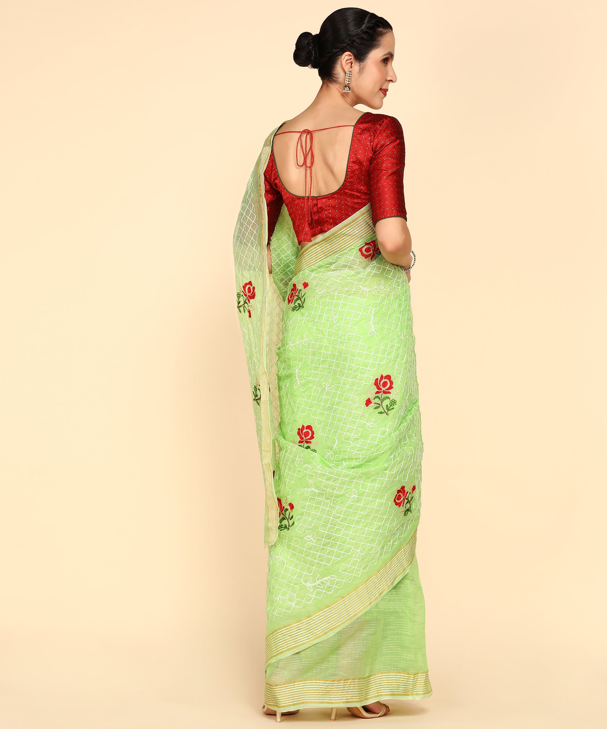 light pista green Chanderi Cotton Embroidered Work Saree With Jacquard Blouse Piece