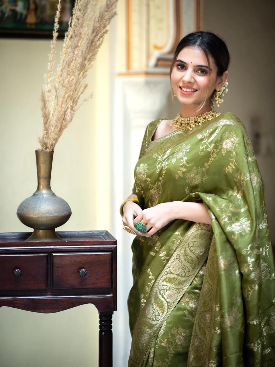 Dark Mehndi  Banarasi Silk Saree with  Embellishments and Intricate Festive Wear