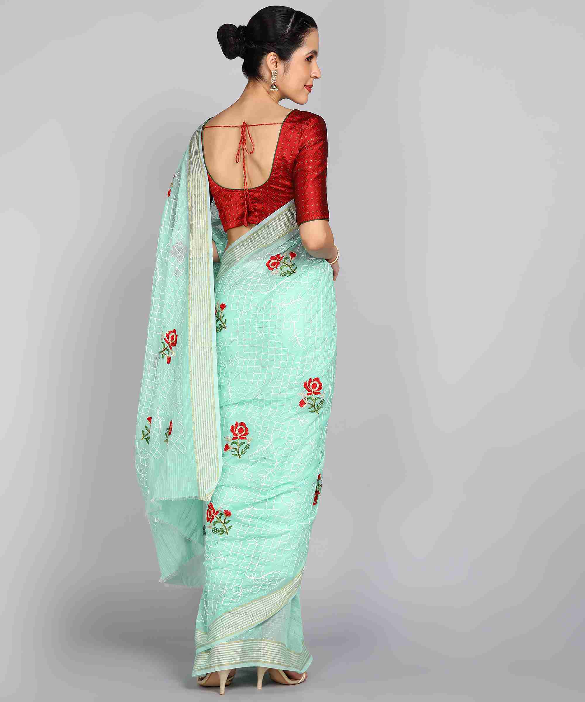 Light Blue Chanderi Silk Embroidered Work Saree With Jacquard Blouse Piece