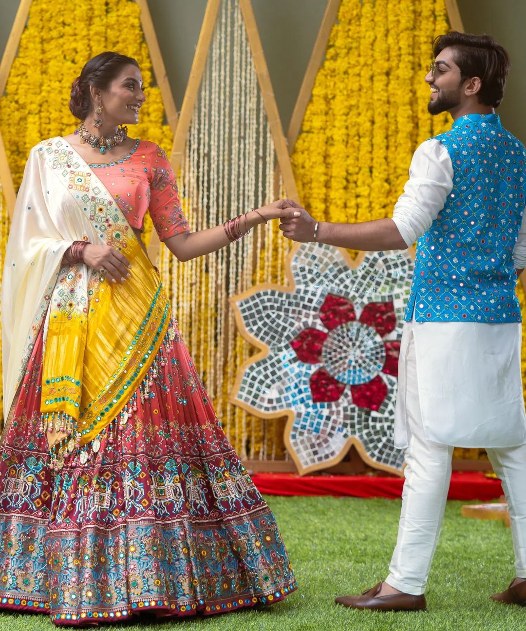 Peach LENGHA CHOLI WITH REAL MIRROR WORK AND ATTACHED DUPATTA