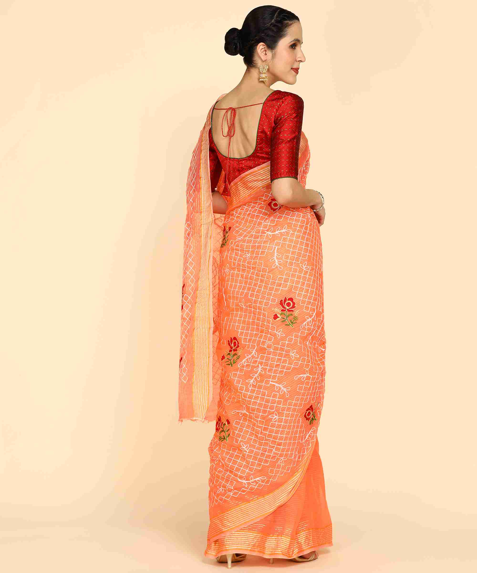 Orange Chanderi Cotton Embroidered Work Saree With Jacquard Blouse Piece