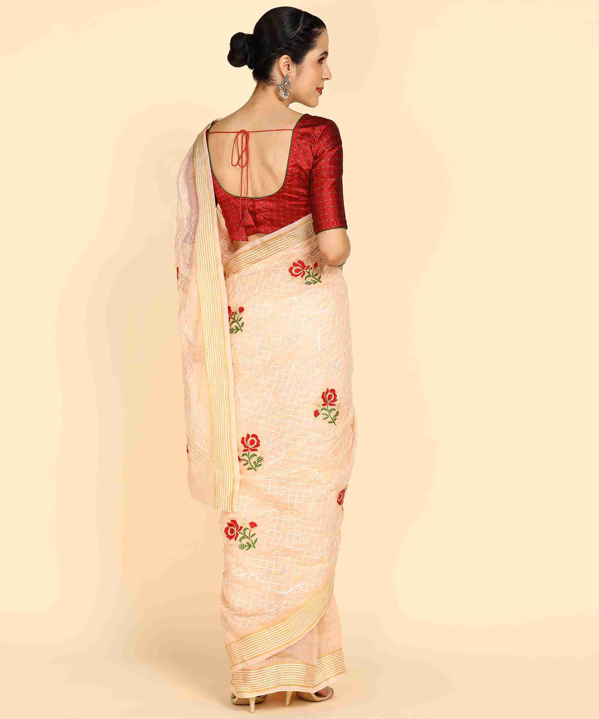 Cream Chanderi Cotton Embroidered Work Saree With Jacquard Blouse Piece