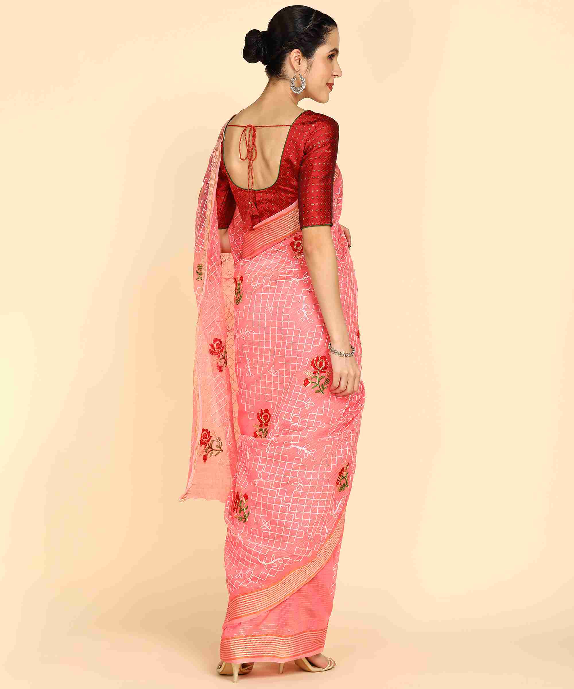 Peach Chanderi Cotton Embroidered Work Saree With Jacquard Blouse Piece