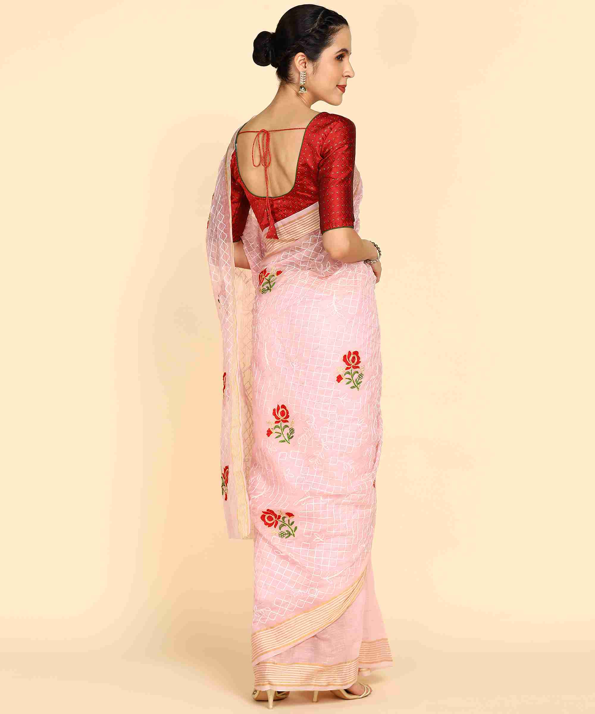 Light Pink Chanderi Cotton Embroidered Work Saree With Jacquard Blouse Piece