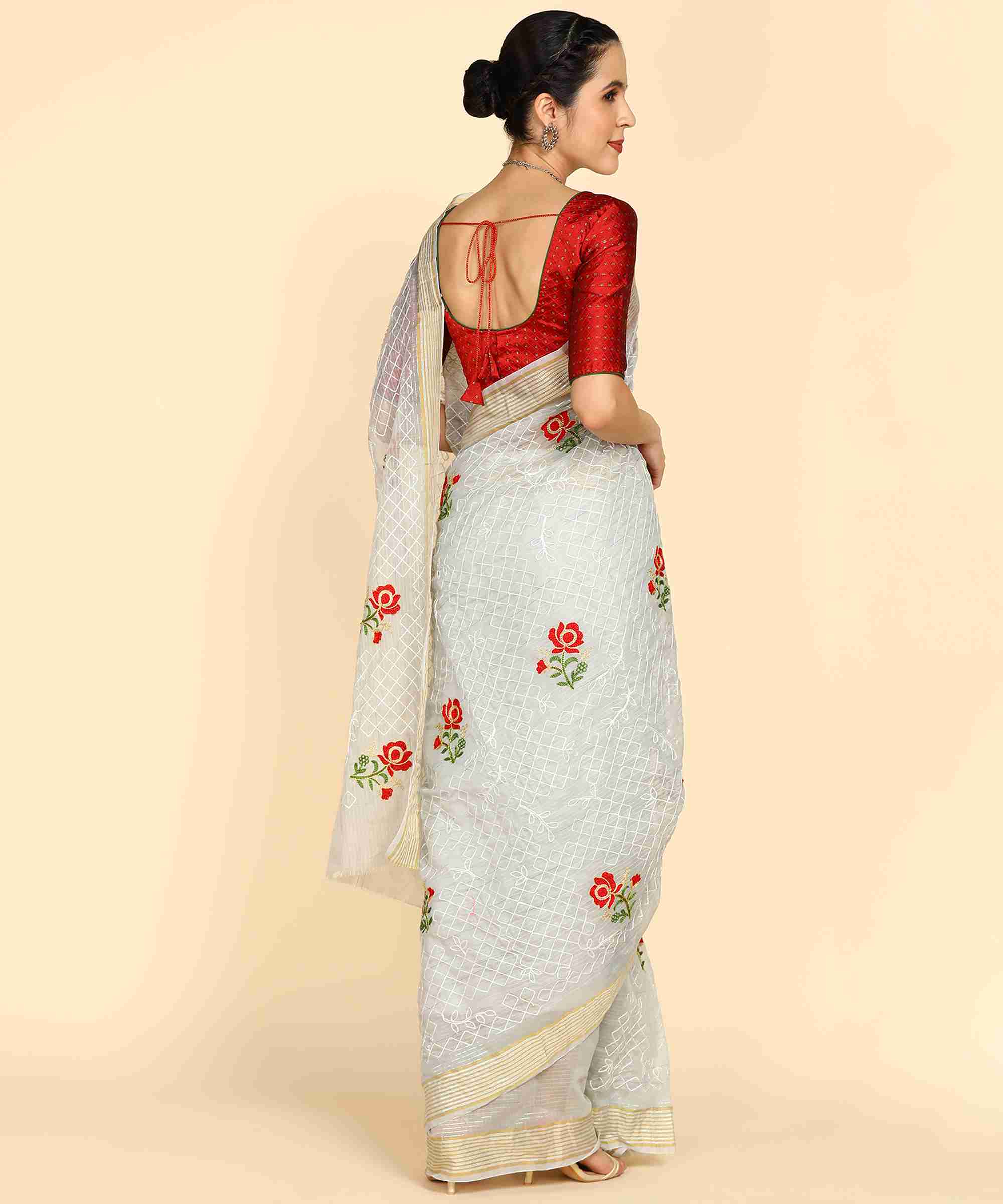 Grey Chanderi Cotton Embroidered Work Saree With Jacquard Blouse Piece