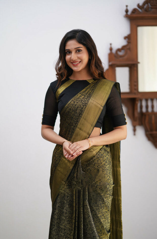 Black Soft Silk Saree With Palimpsest Blouse Piece