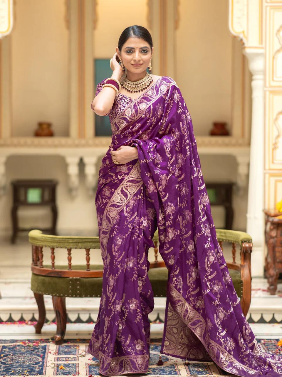 Purple Banarasi Silk Saree with  Embellishments and Intricate Festive Wear