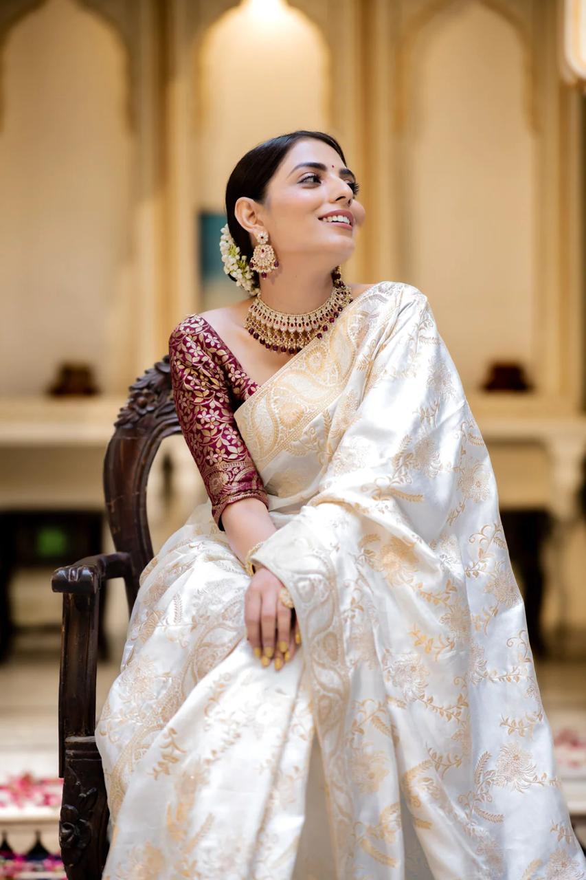 White Banarasi Silk Saree with  Embellishments and Intricate Festive Wear