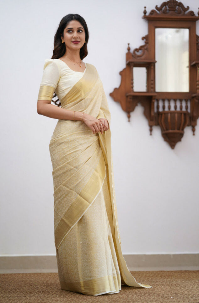 Beige Soft Silk Saree With Scrumptious Blouse Piece