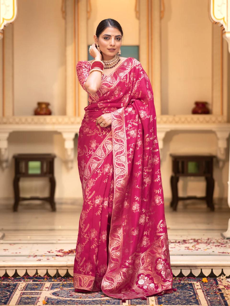 Pink Banarasi Silk Saree with  Embellishments and Intricate Festive Wear