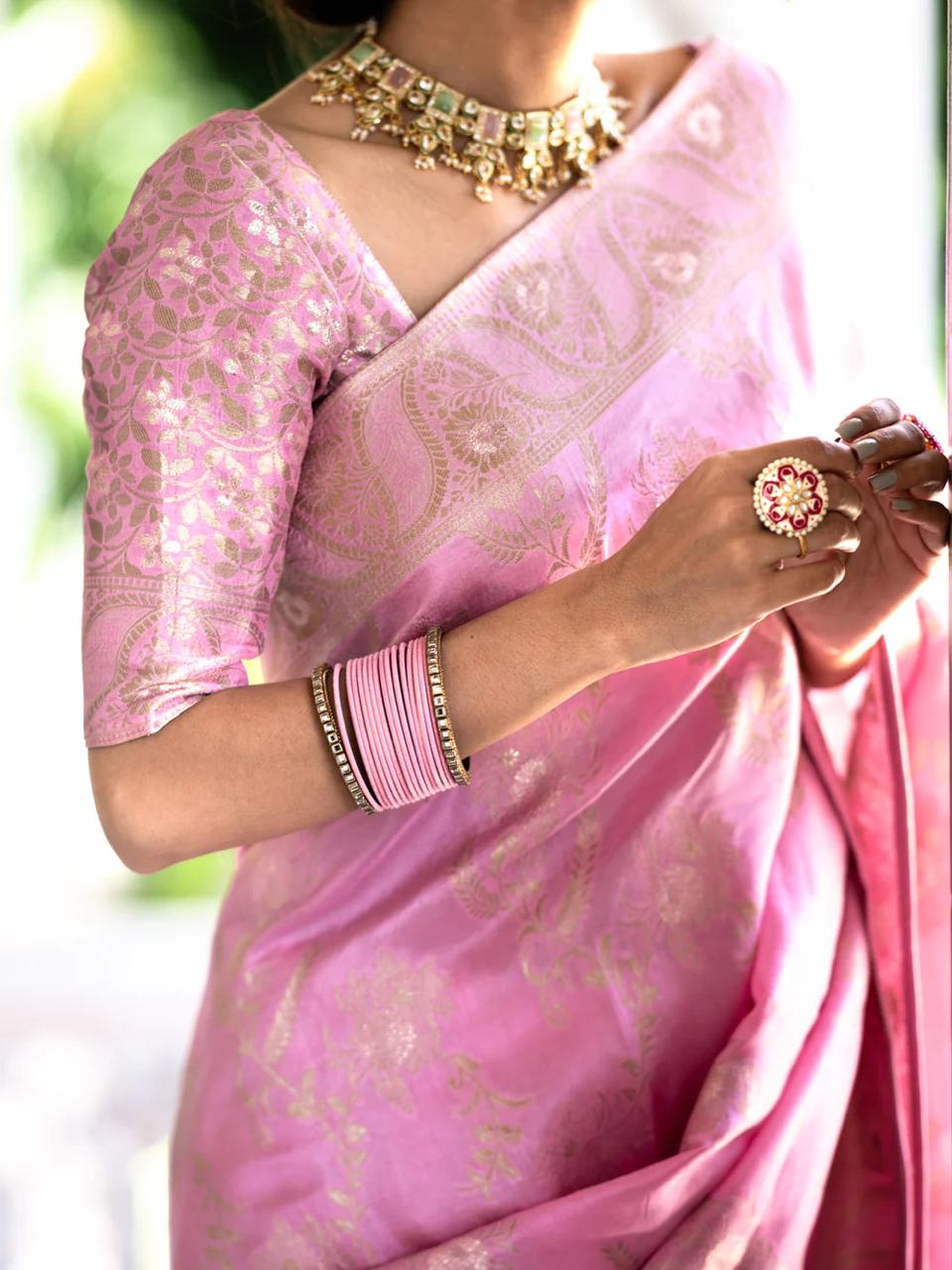 Onion Pink  Banarasi Silk Saree with  Embellishments and Intricate Festive Wear