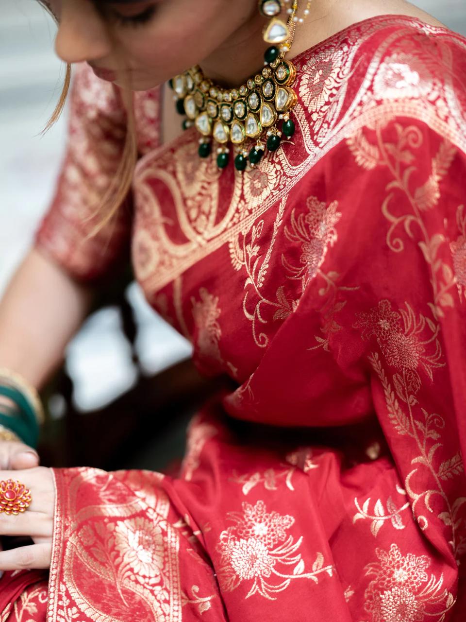 Red Banarasi Silk Saree with  Embellishments and Intricate Festive Wear