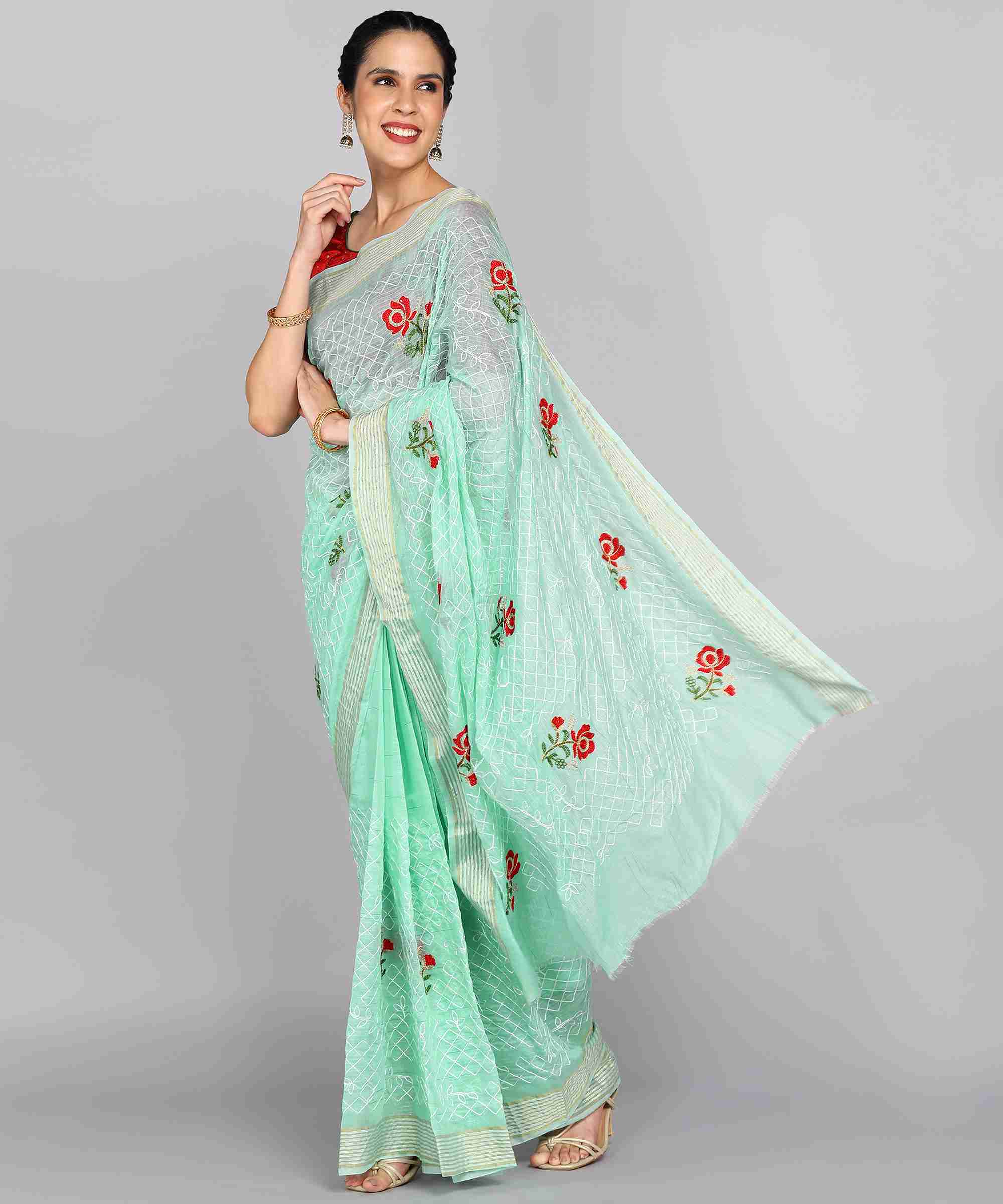 Light Blue Chanderi Silk Embroidered Work Saree With Jacquard Blouse Piece