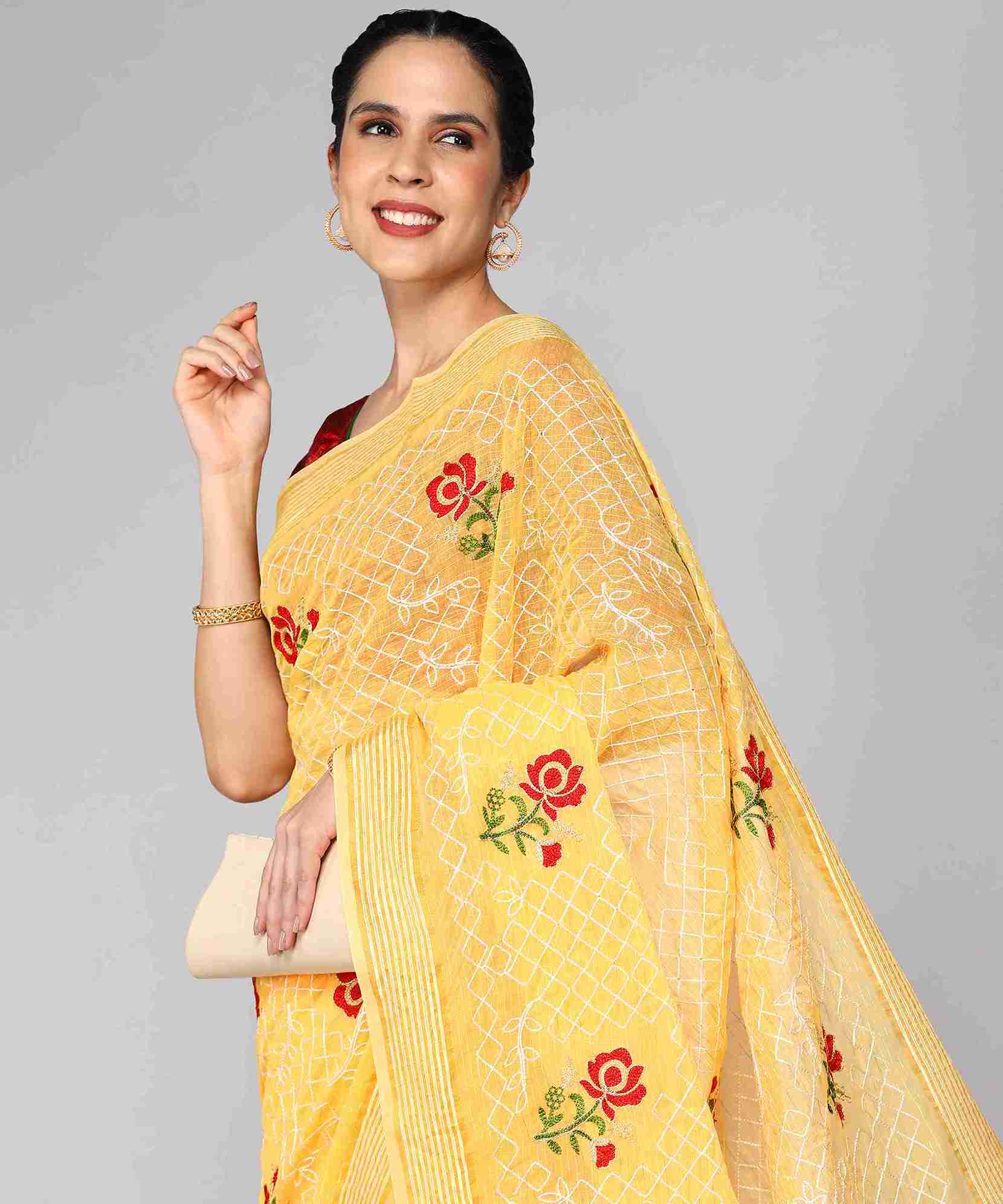 Yellow Chanderi  Embroidered Work Saree With Jacquard Blouse Piece