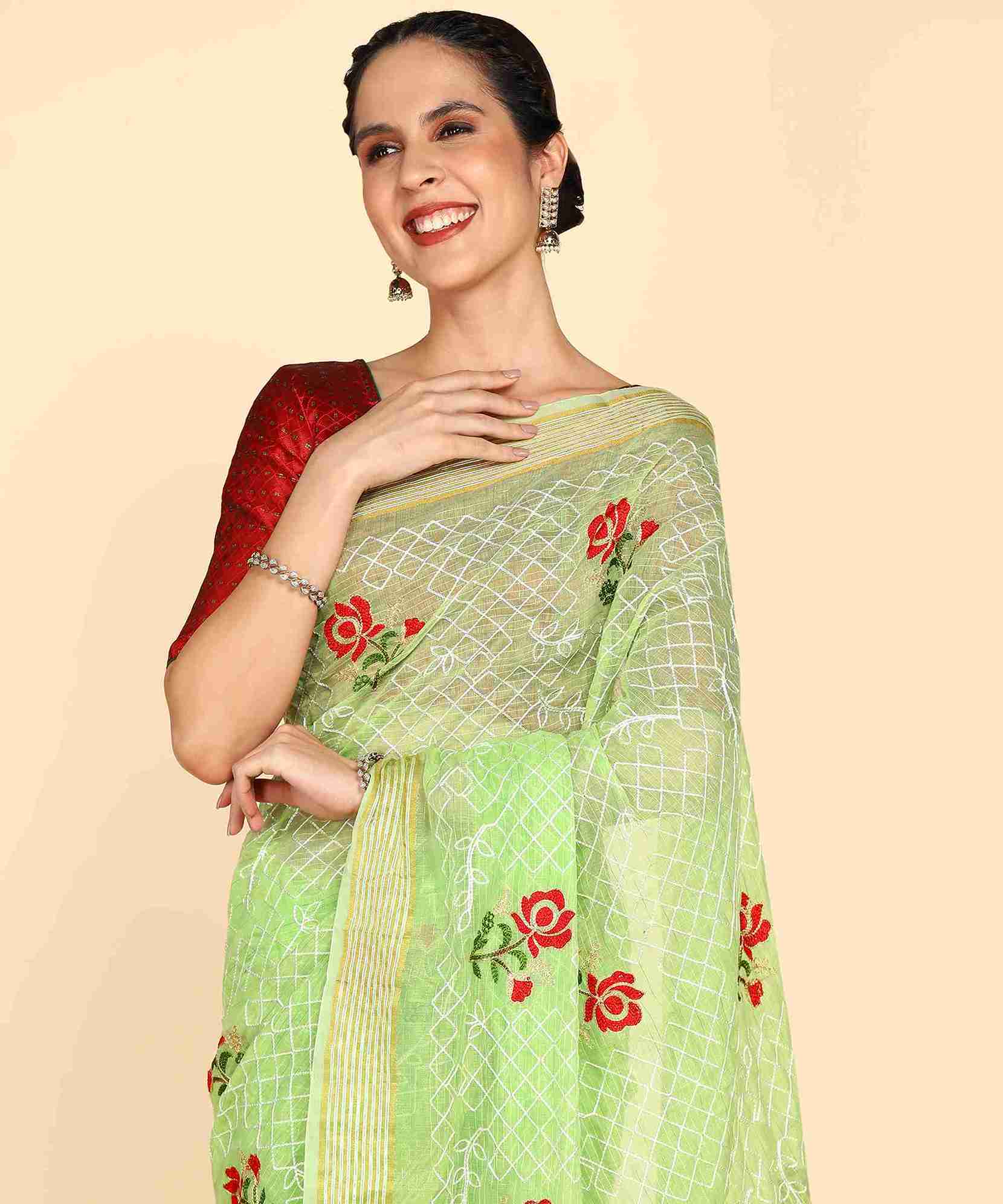 light pista green Chanderi Cotton Embroidered Work Saree With Jacquard Blouse Piece