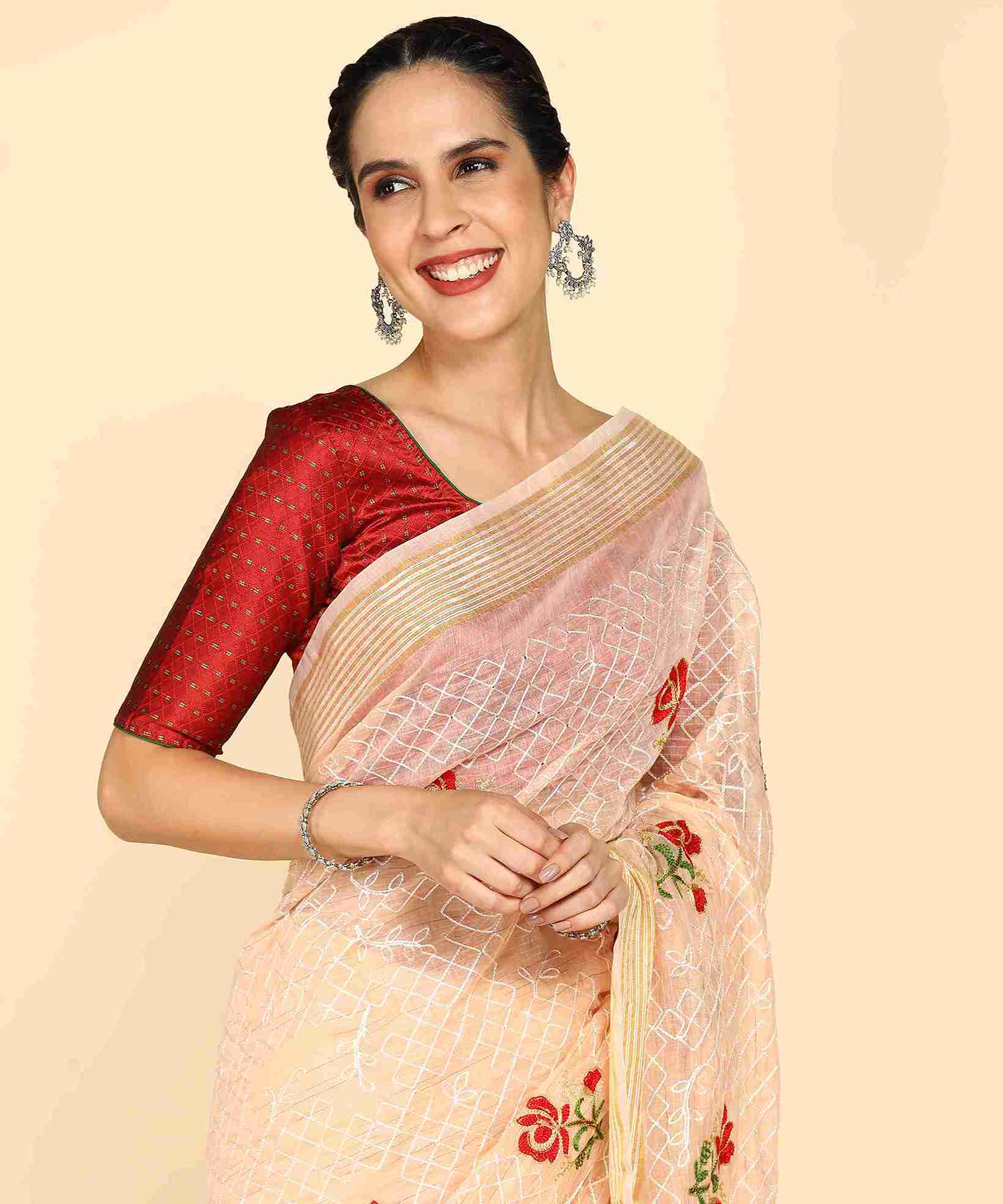 Cream Chanderi Cotton Embroidered Work Saree With Jacquard Blouse Piece