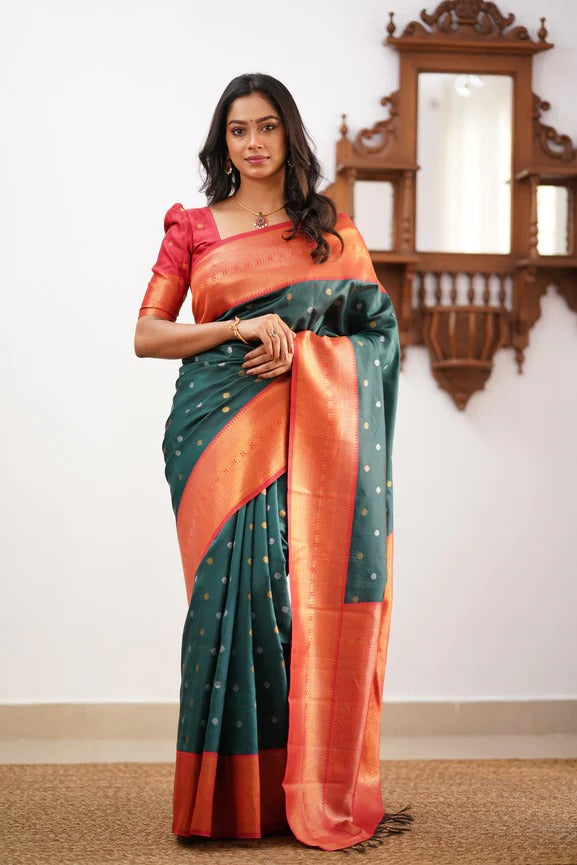 Dark Green Soft Silk Saree With Adoring Blouse Piece