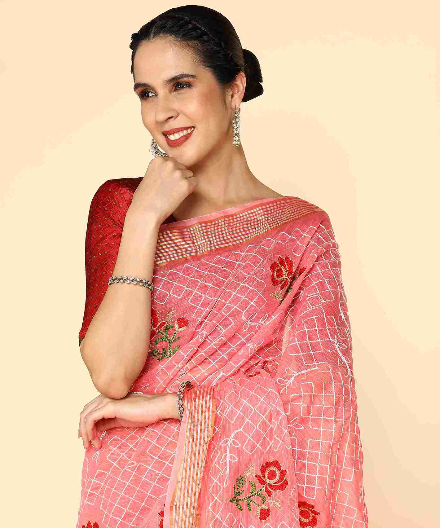 Peach Chanderi Cotton Embroidered Work Saree With Jacquard Blouse Piece